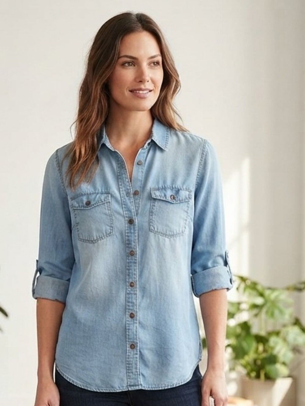 Light Wash Denim Button-Down Shirt - Casual Women's Chambray